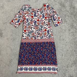 Eliza J Orange & Navy Blue Poppy Floral Print Elbow Sleeve Shift Dress Size 10